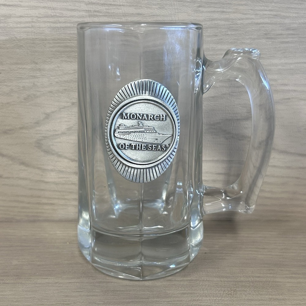 Royal Caribbean Glass Stein Mug Monarch Of The Seas Metal Medalion Cruise Ship